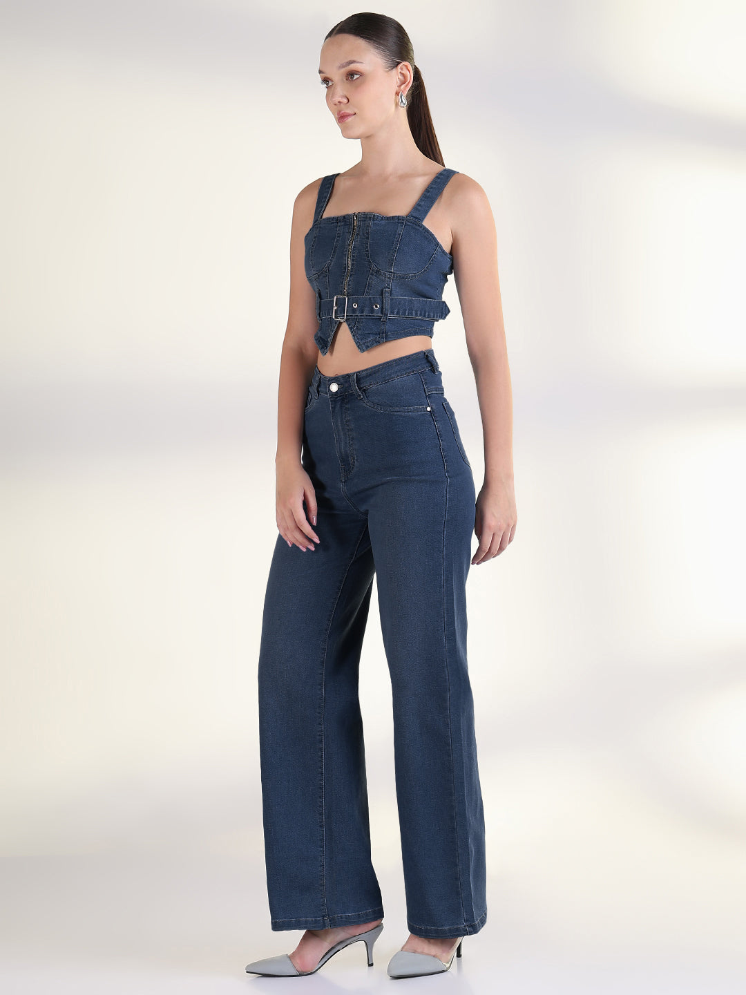 Women's Navy Blue Denim Corset Top & Wide Leg Jeans Co-ords Set with Belt