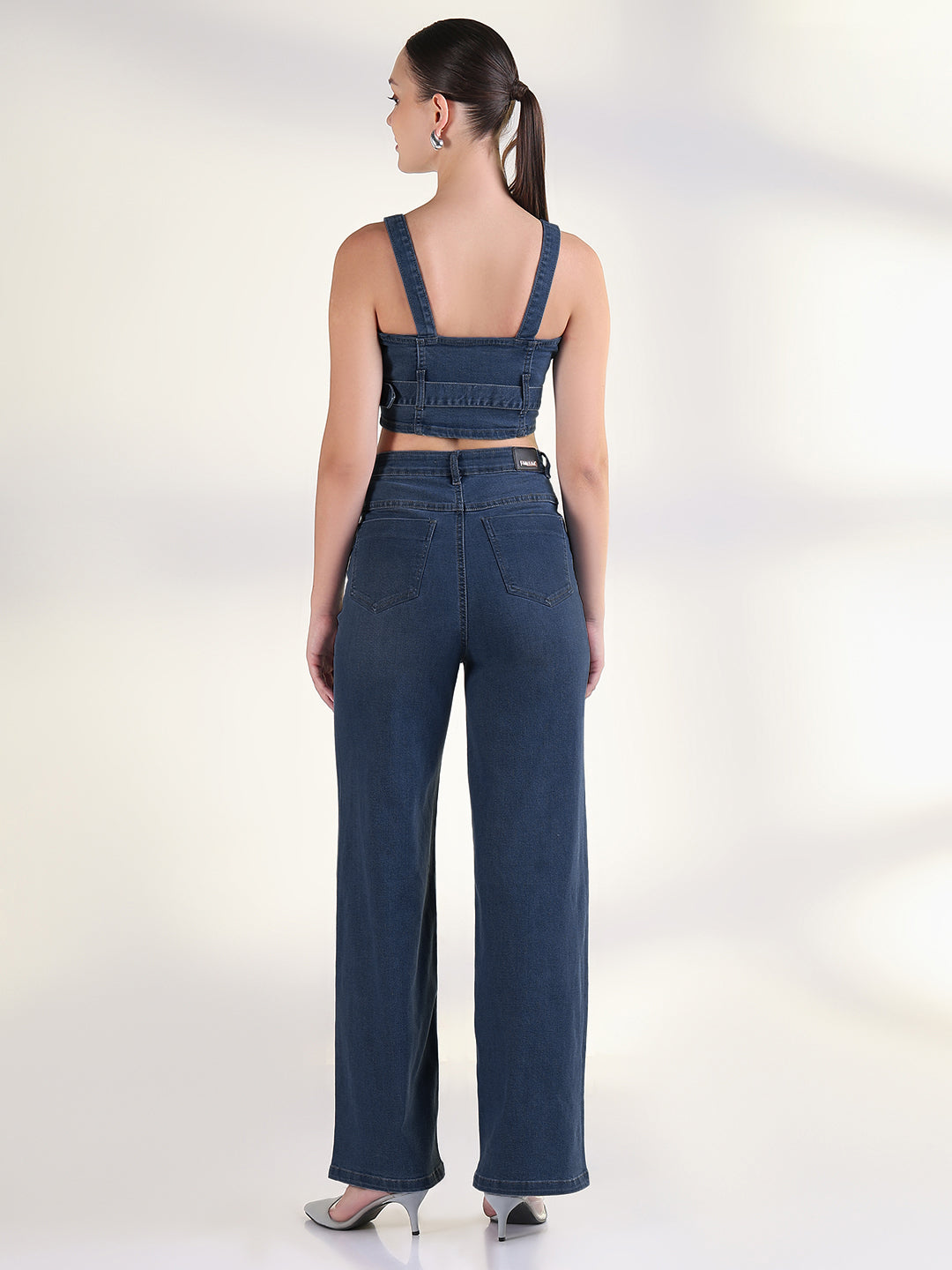 Women's Navy Blue Denim Corset Top & Wide Leg Jeans Co-ords Set with Belt