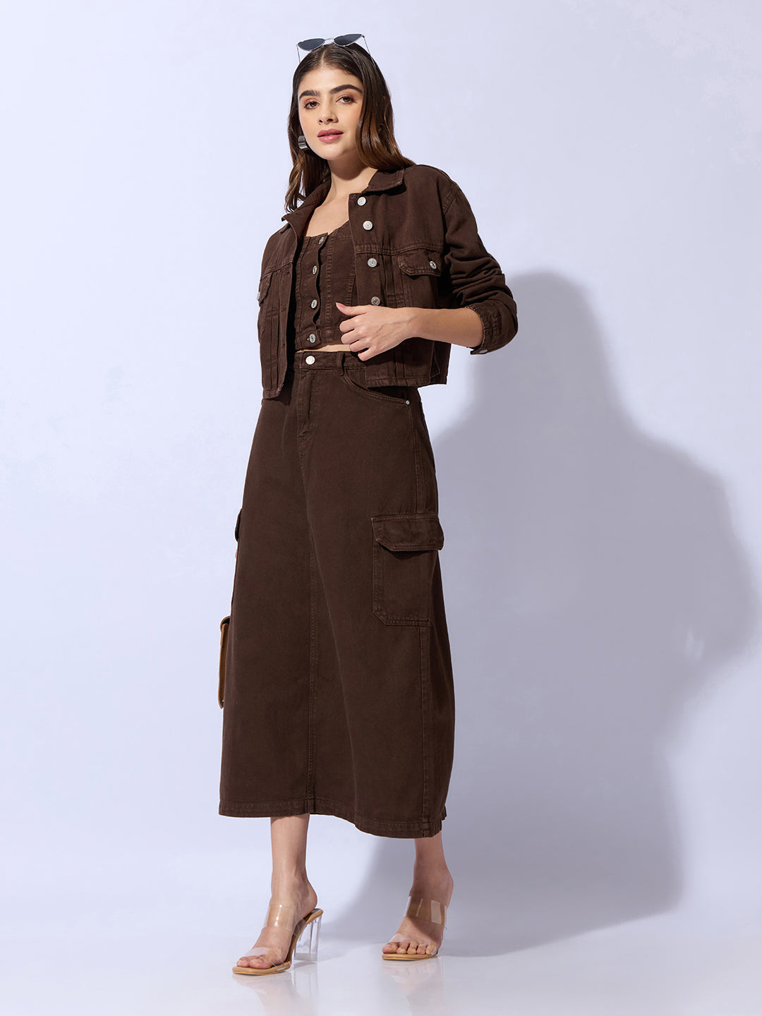 Women's Brown Bustier Top and Cargo Skirt with Crop Jacket Co-Ord Set
