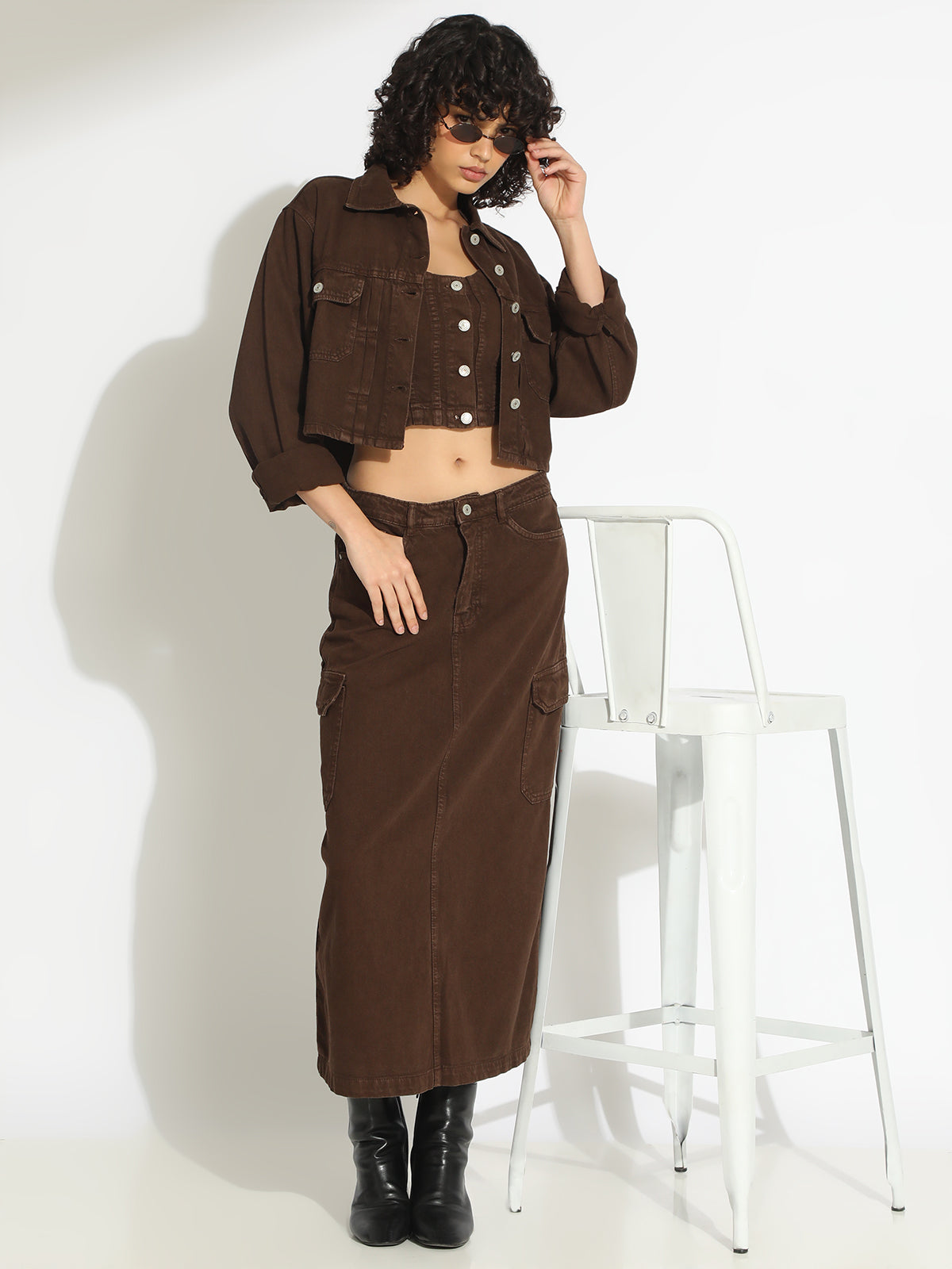 Women's Brown Bustier Top and Cargo Skirt with Crop Jacket Co-Ord Set