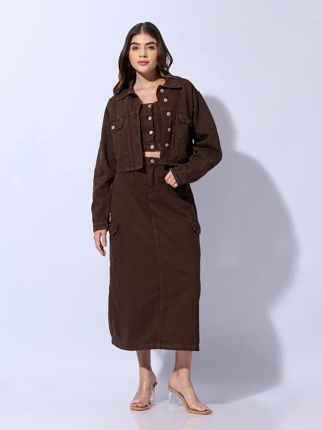 Women's Brown Bustier Top and Cargo Skirt with Crop Jacket Co-Ord Set