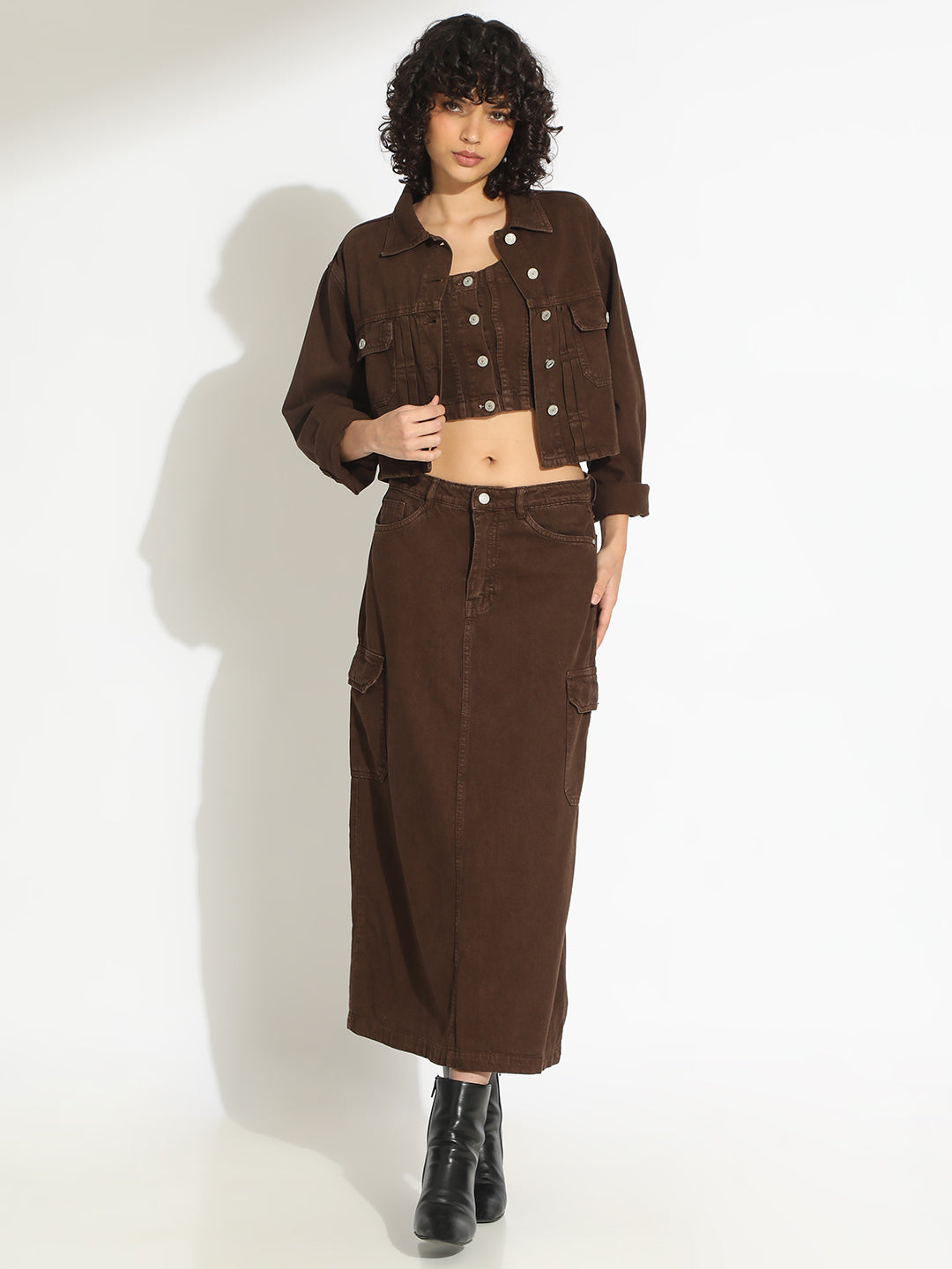 Women's Brown Bustier Top and Cargo Skirt with Crop Jacket Co-Ord Set