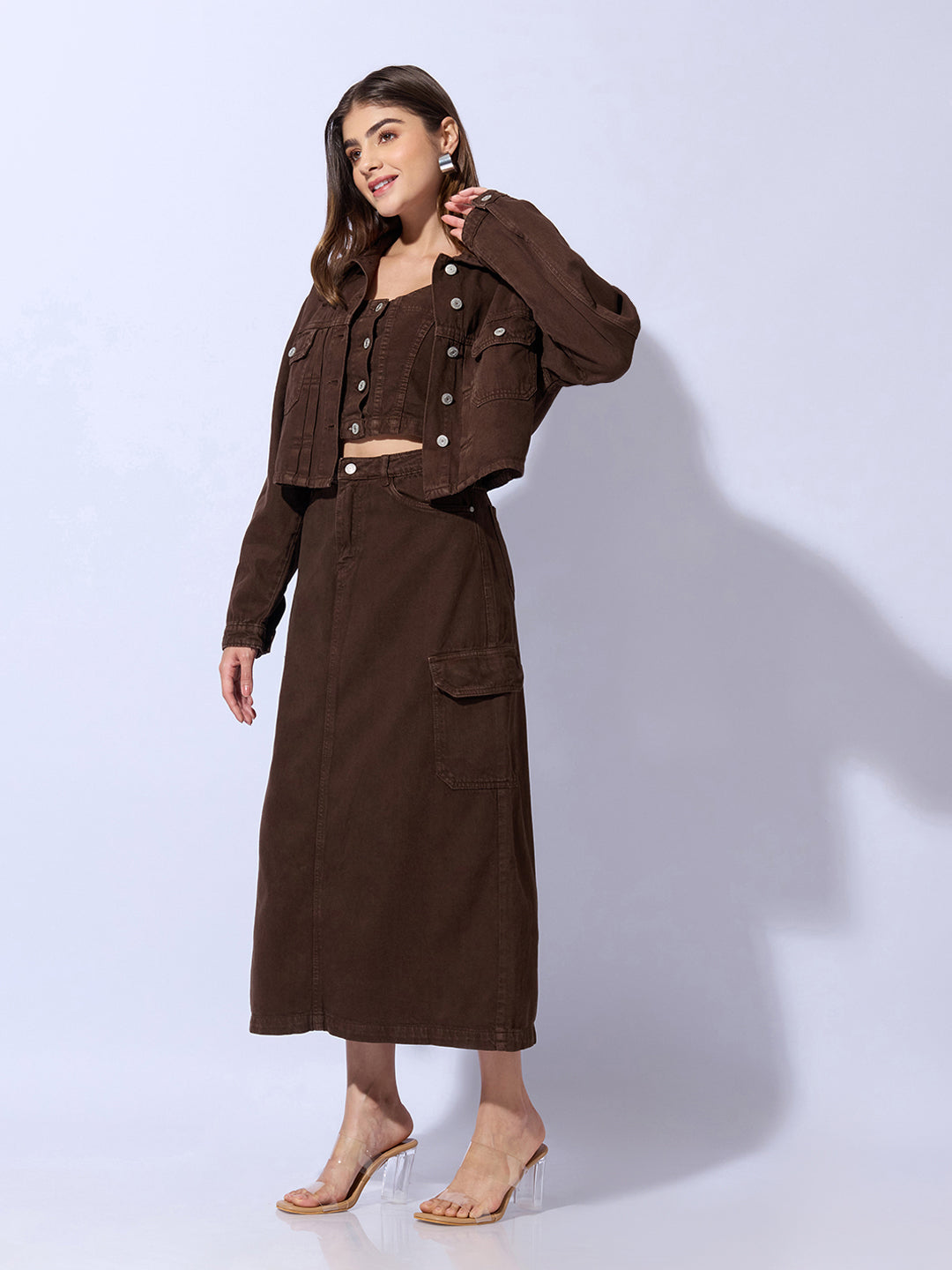 Women's Brown Bustier Top and Cargo Skirt with Crop Jacket Co-Ord Set