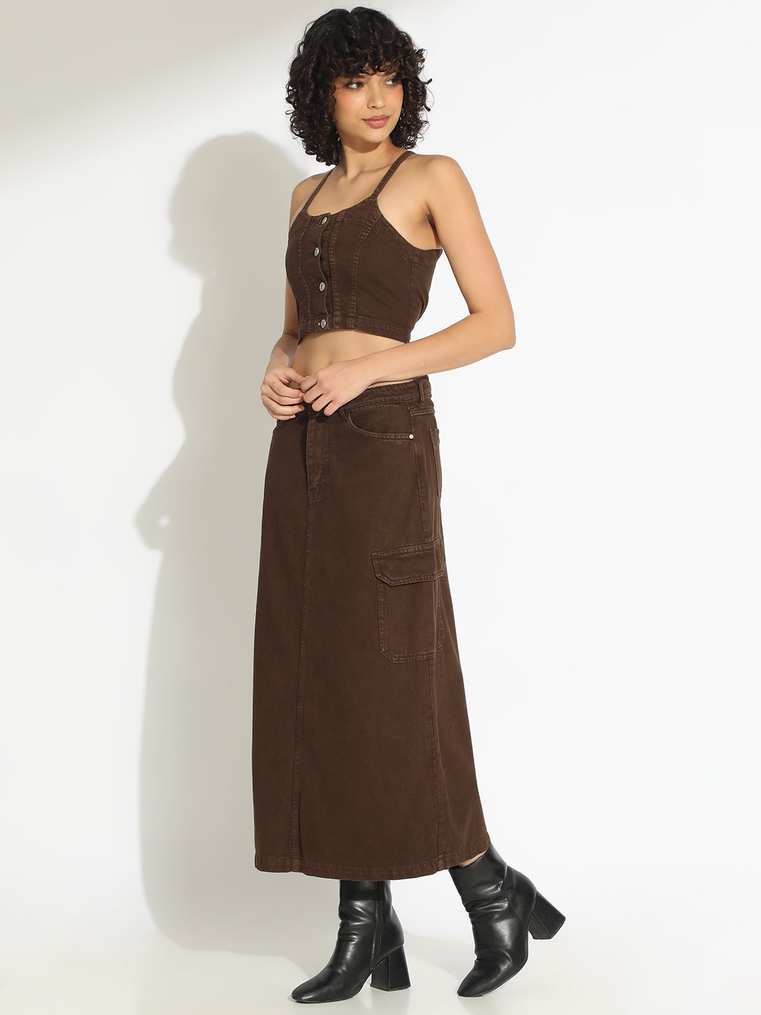 Women's Brown Bustier Top and Cargo Skirt with Crop Jacket Co-Ord Set
