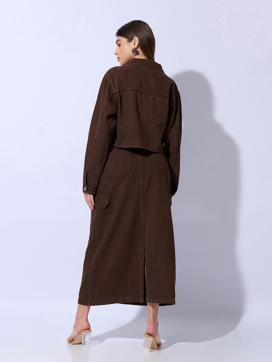 Women's Brown Bustier Top and Cargo Skirt with Crop Jacket Co-Ord Set