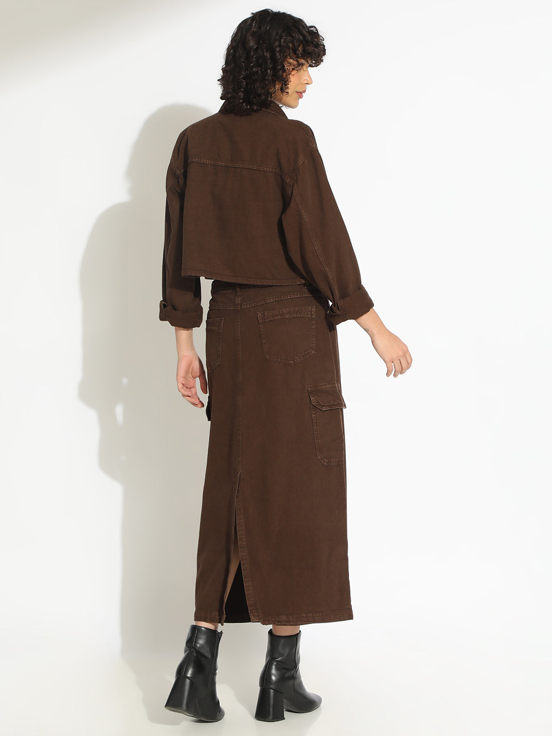 Women's Brown Bustier Top and Cargo Skirt with Crop Jacket Co-Ord Set