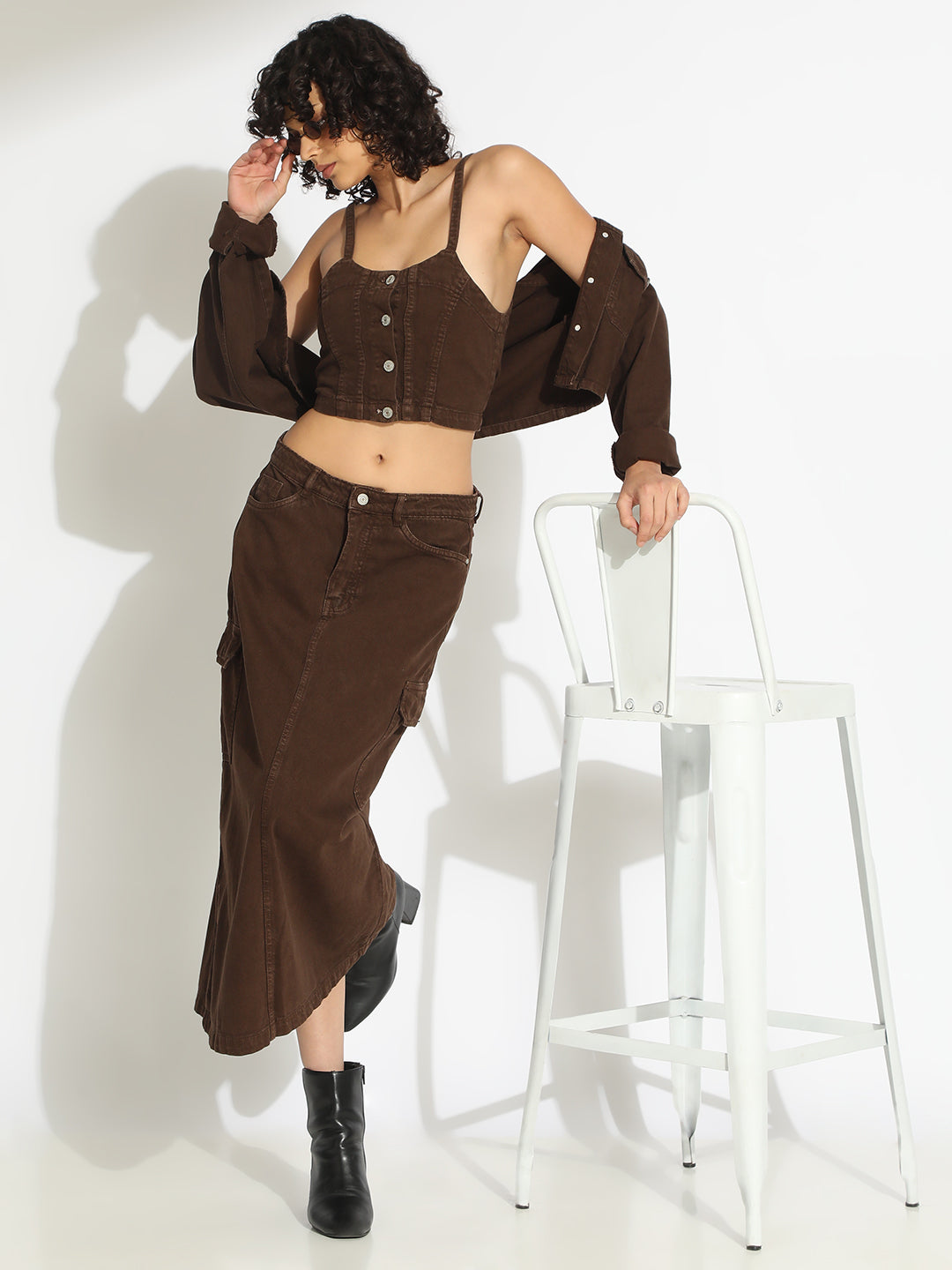 Women's Brown Bustier Top and Cargo Skirt with Crop Jacket Co-Ord Set