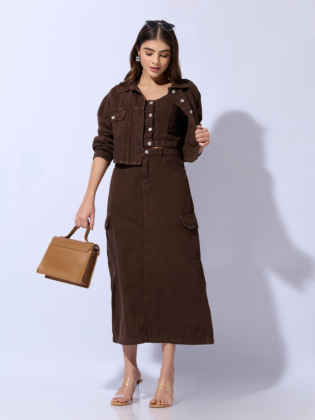 Women's Brown Bustier Top and Cargo Skirt with Crop Jacket Co-Ord Set