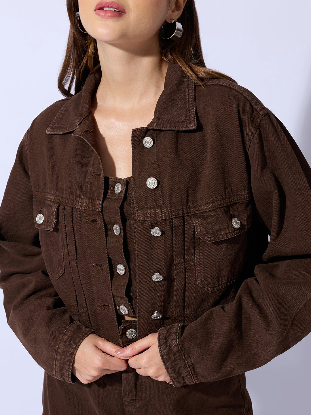 Women's Brown Bustier Top and Cargo Skirt with Crop Jacket Co-Ord Set