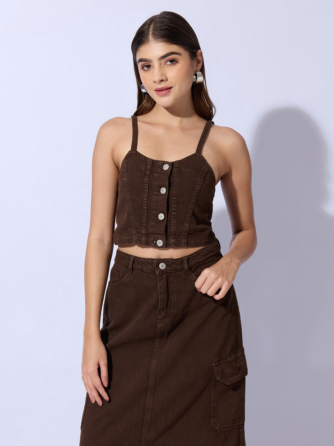 Women's Brown Bustier Top and Cargo Skirt with Crop Jacket Co-Ord Set