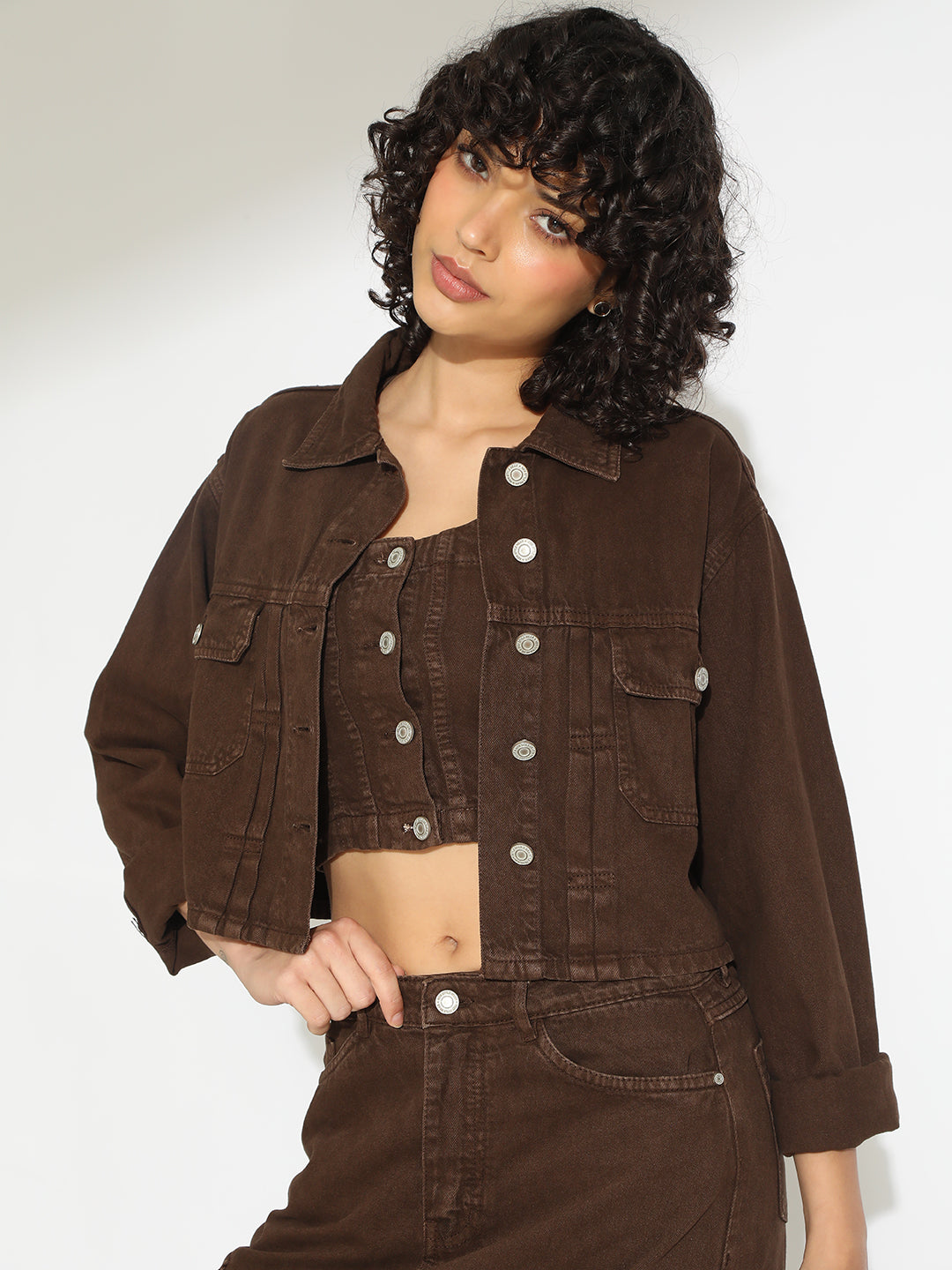 Women's Brown Bustier Top and Cargo Skirt with Crop Jacket Co-Ord Set