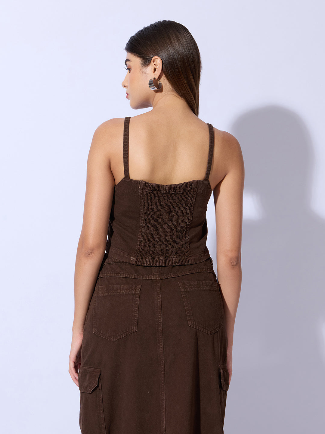 Women's Brown Bustier Top and Cargo Skirt with Crop Jacket Co-Ord Set