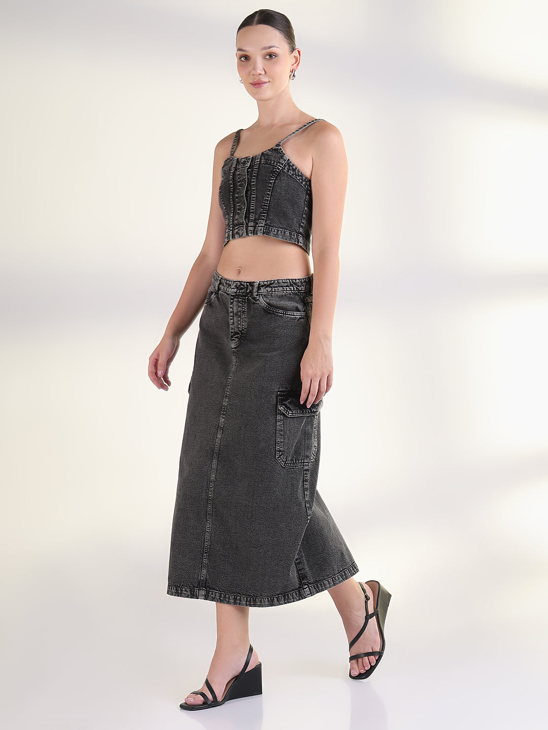 Women's Solid Grey Denim Co-Ords Set with Jacket