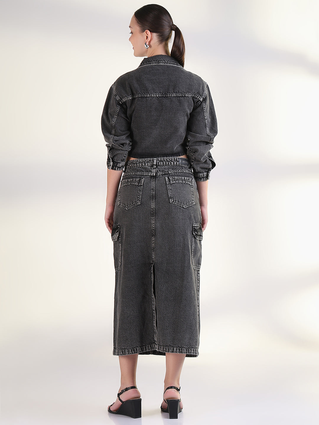 Women's Solid Grey Denim Co-Ords Set with Jacket