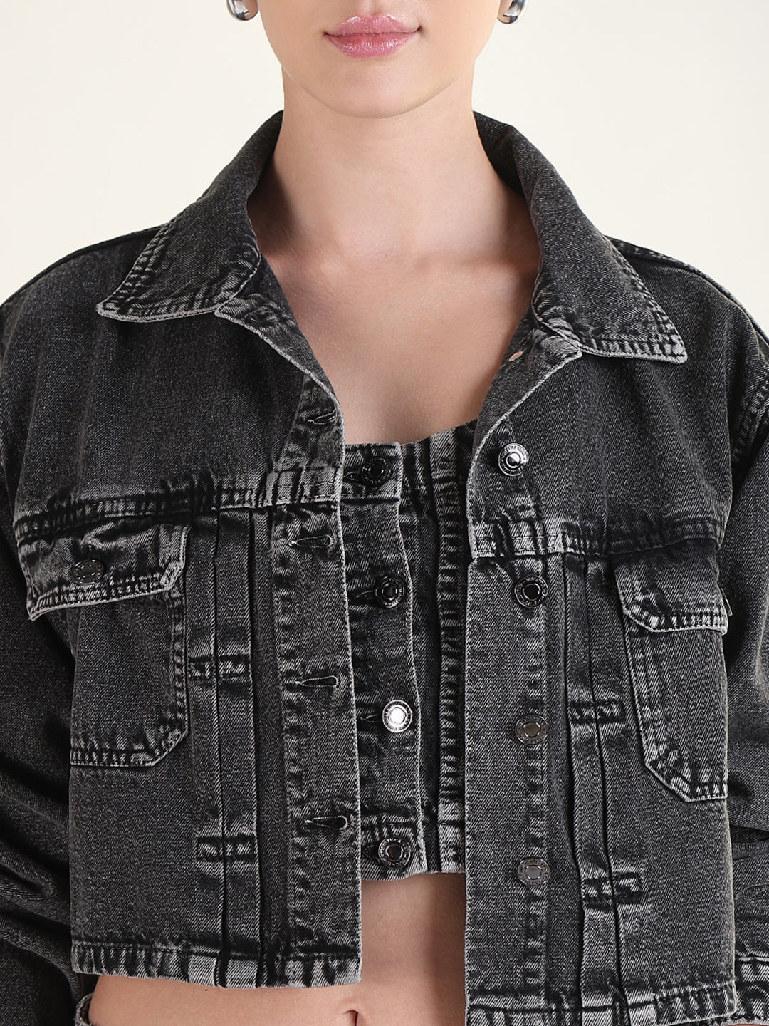 Women's Solid Grey Denim Co-Ords Set with Jacket