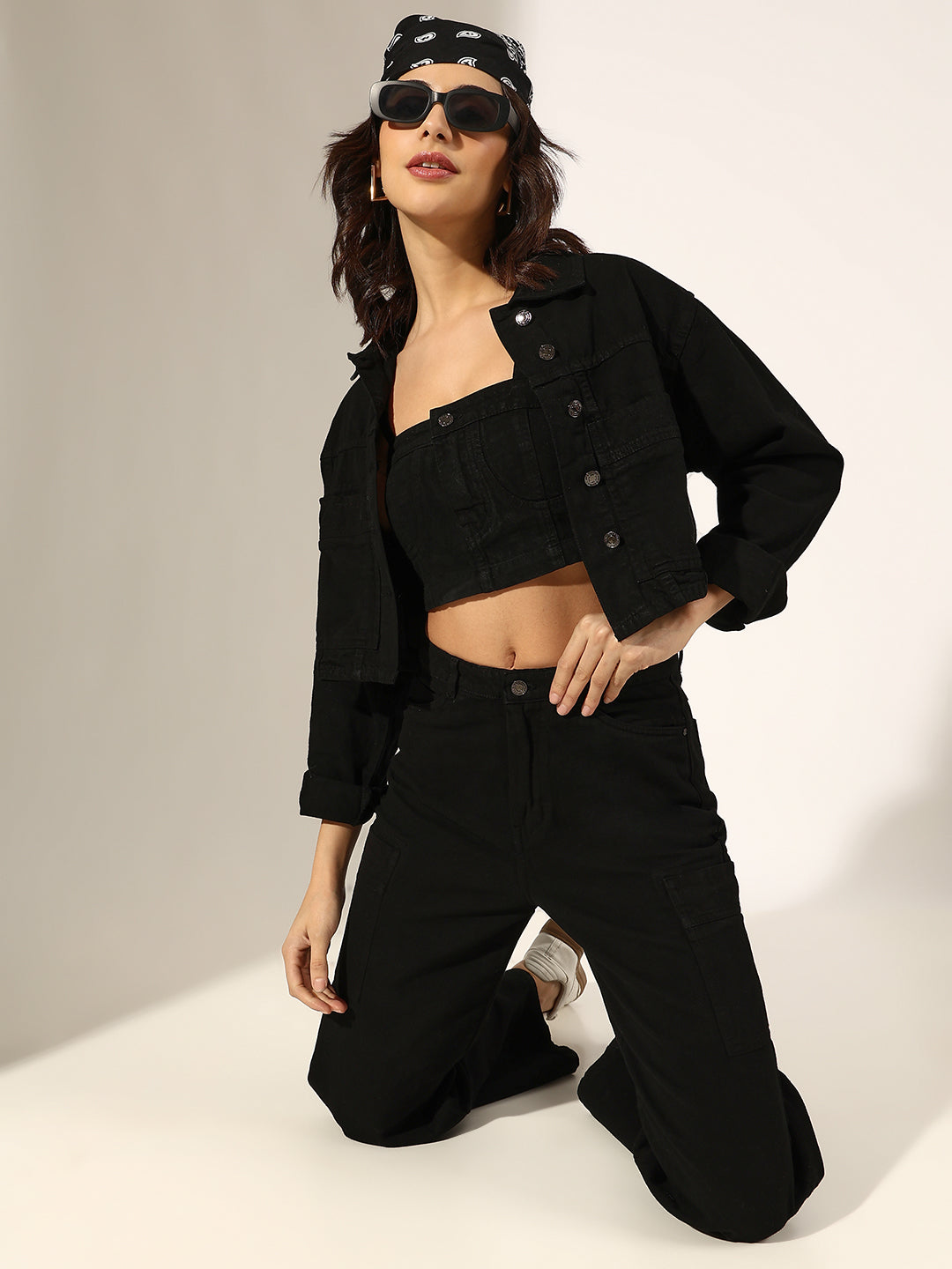 Women's Black Denim Bustier Top and Jeans with Jacket Co-Ord Set