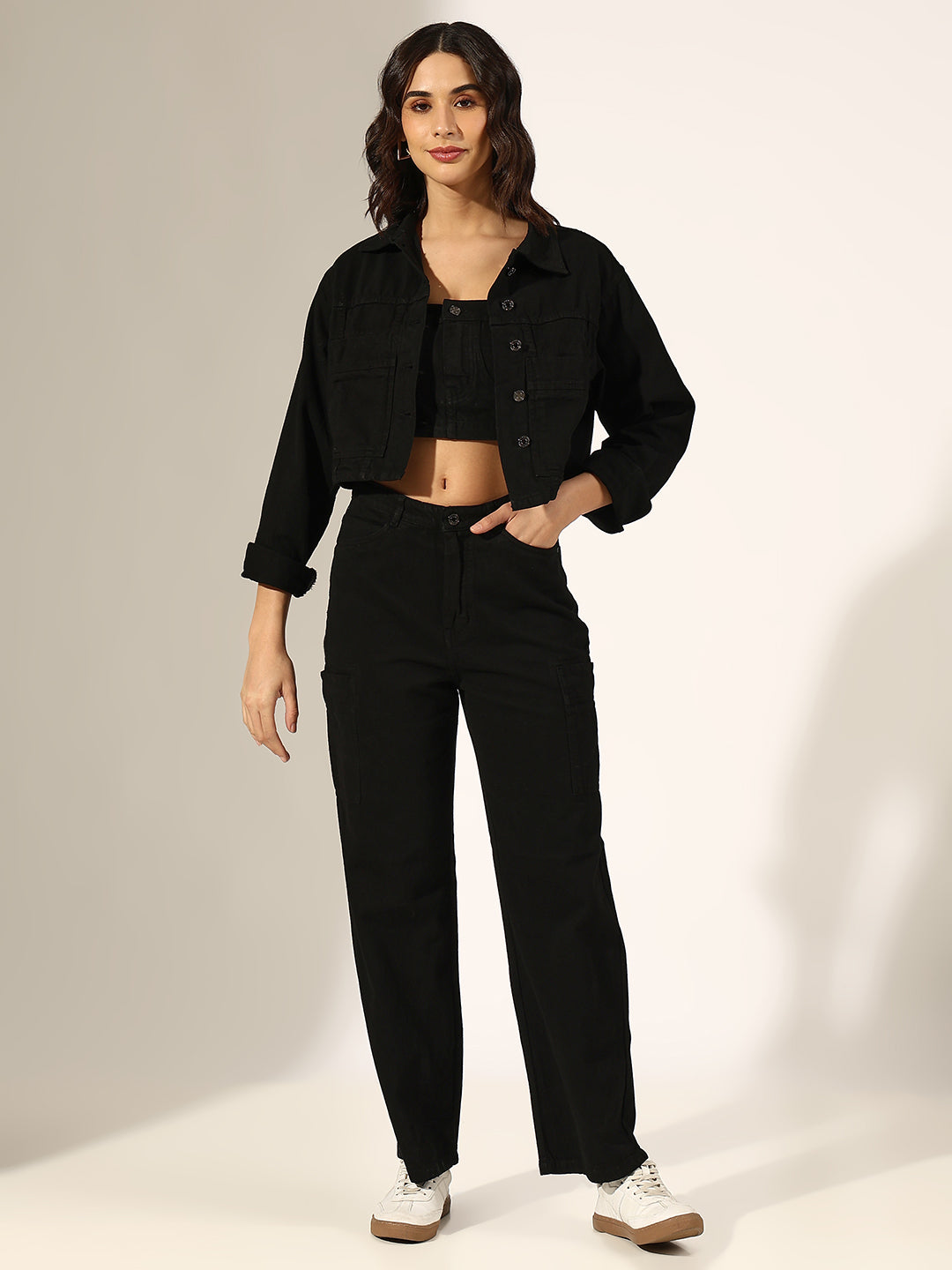 Women's Black Denim Bustier Top and Jeans with Jacket Co-Ord Set