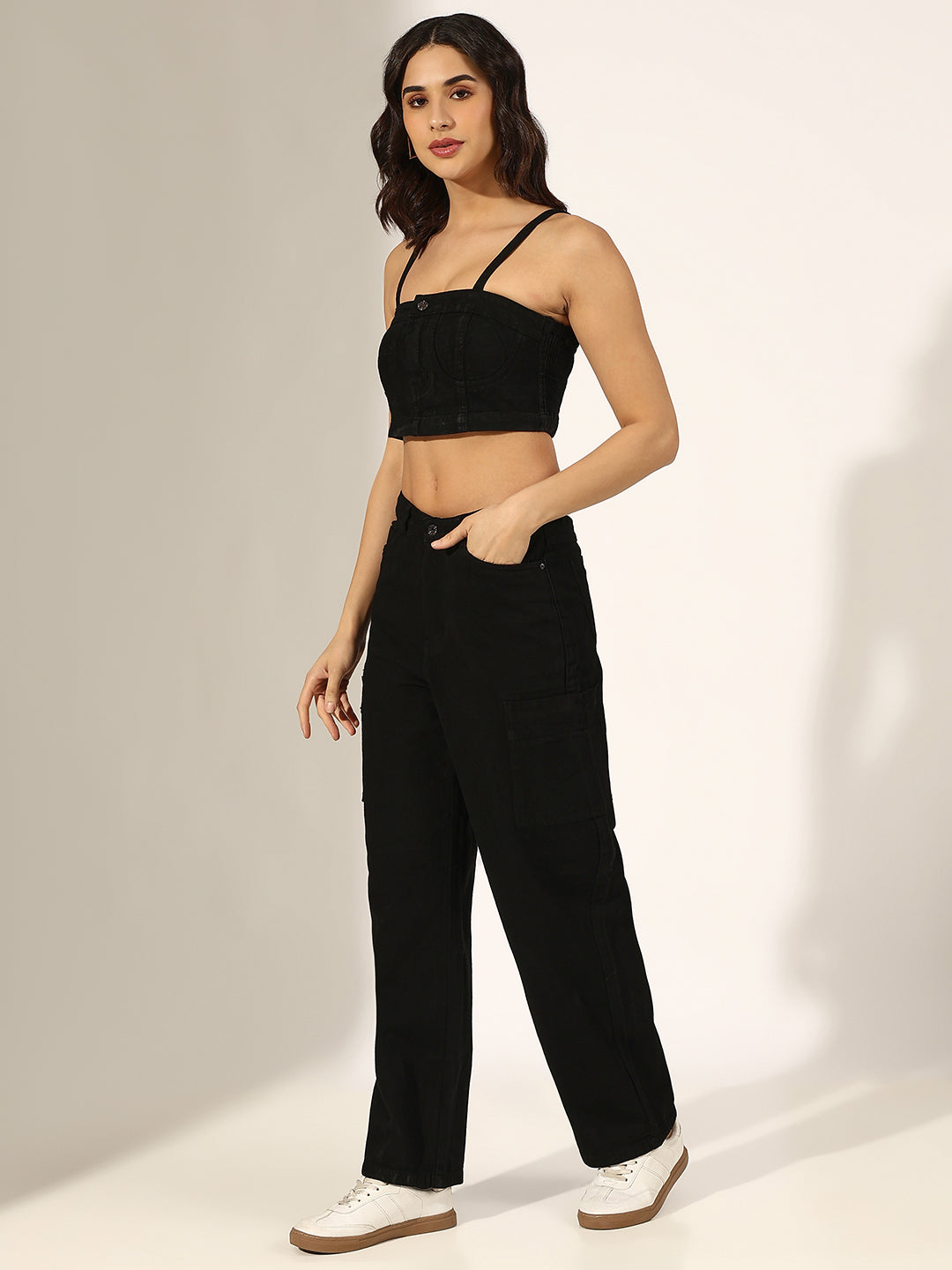 Women's Black Denim Bustier Top and Jeans with Jacket Co-Ord Set