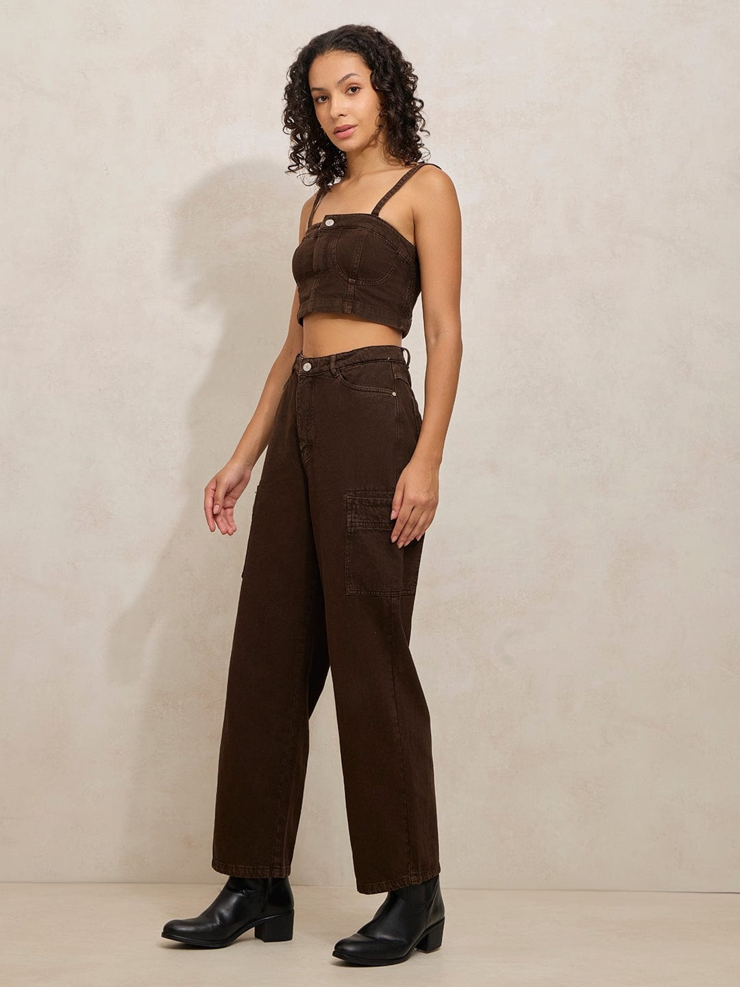 Women's Brown Denim Co-ords Set with Crop Jacket