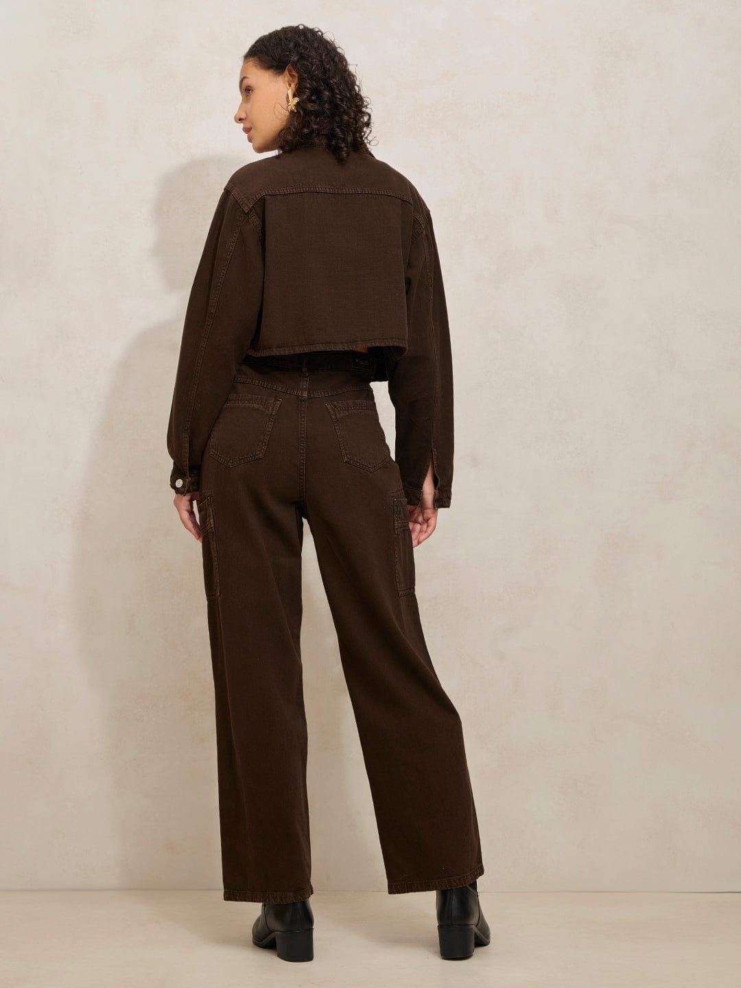 Women's Brown Denim Co-ords Set with Crop Jacket