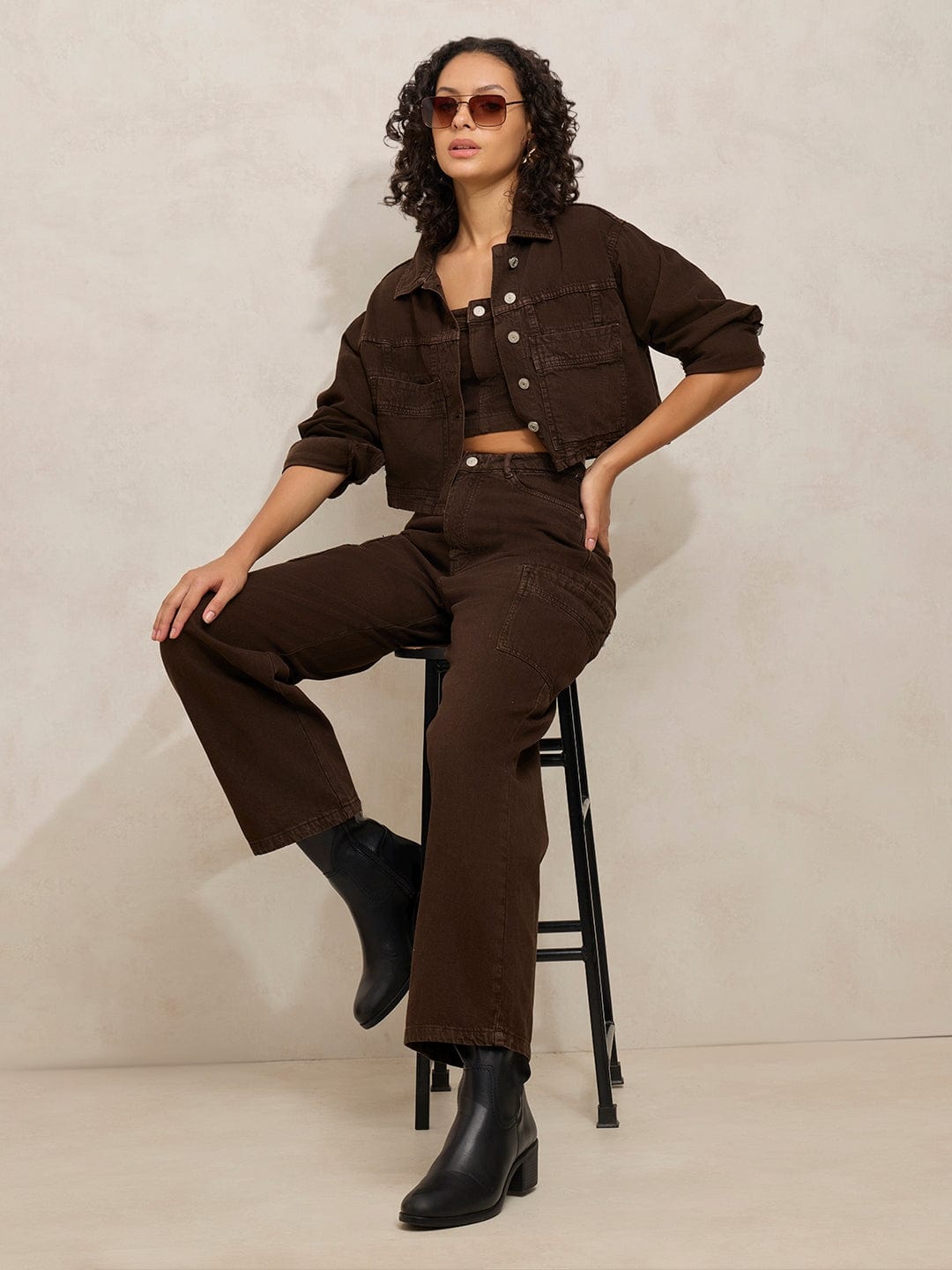 Women's Brown Denim Co-ords Set with Crop Jacket