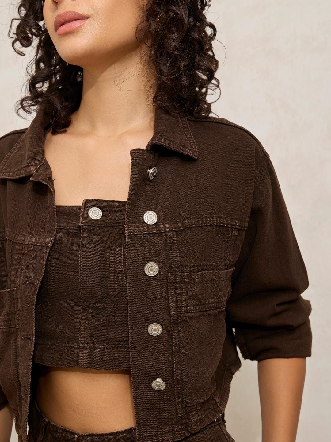 Women's Brown Denim Co-ords Set with Crop Jacket