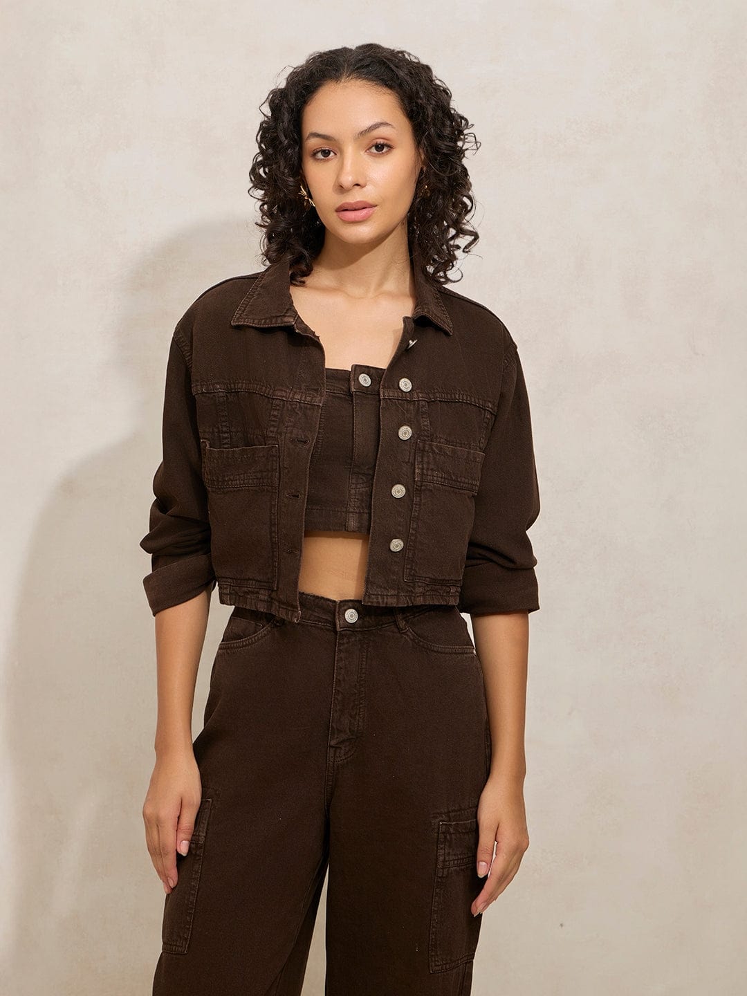 Women's Brown Denim Co-ords Set with Crop Jacket