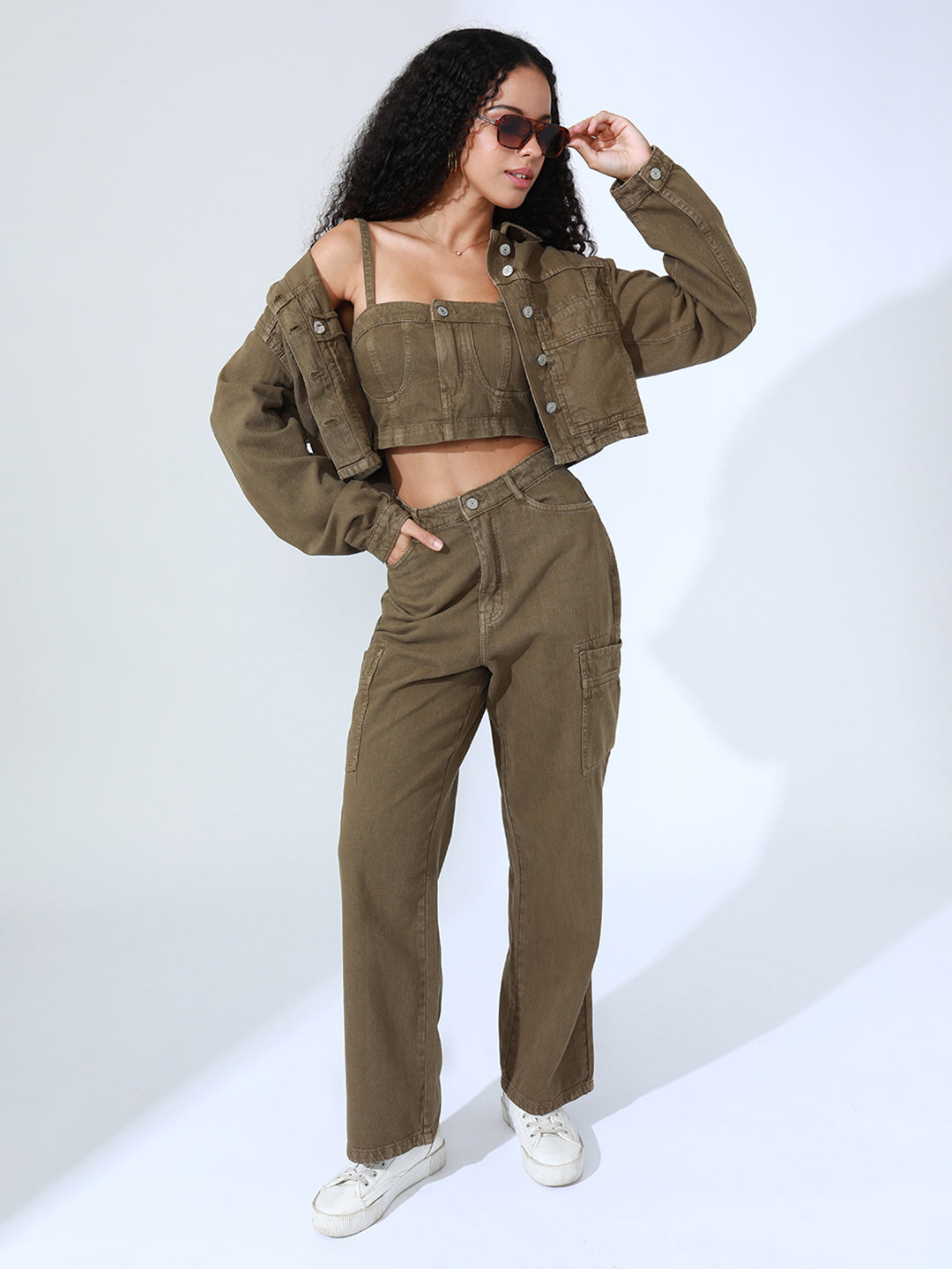 Women's Khaki Denim Bustier Top and Jeans with Jacket Co-Ord Set