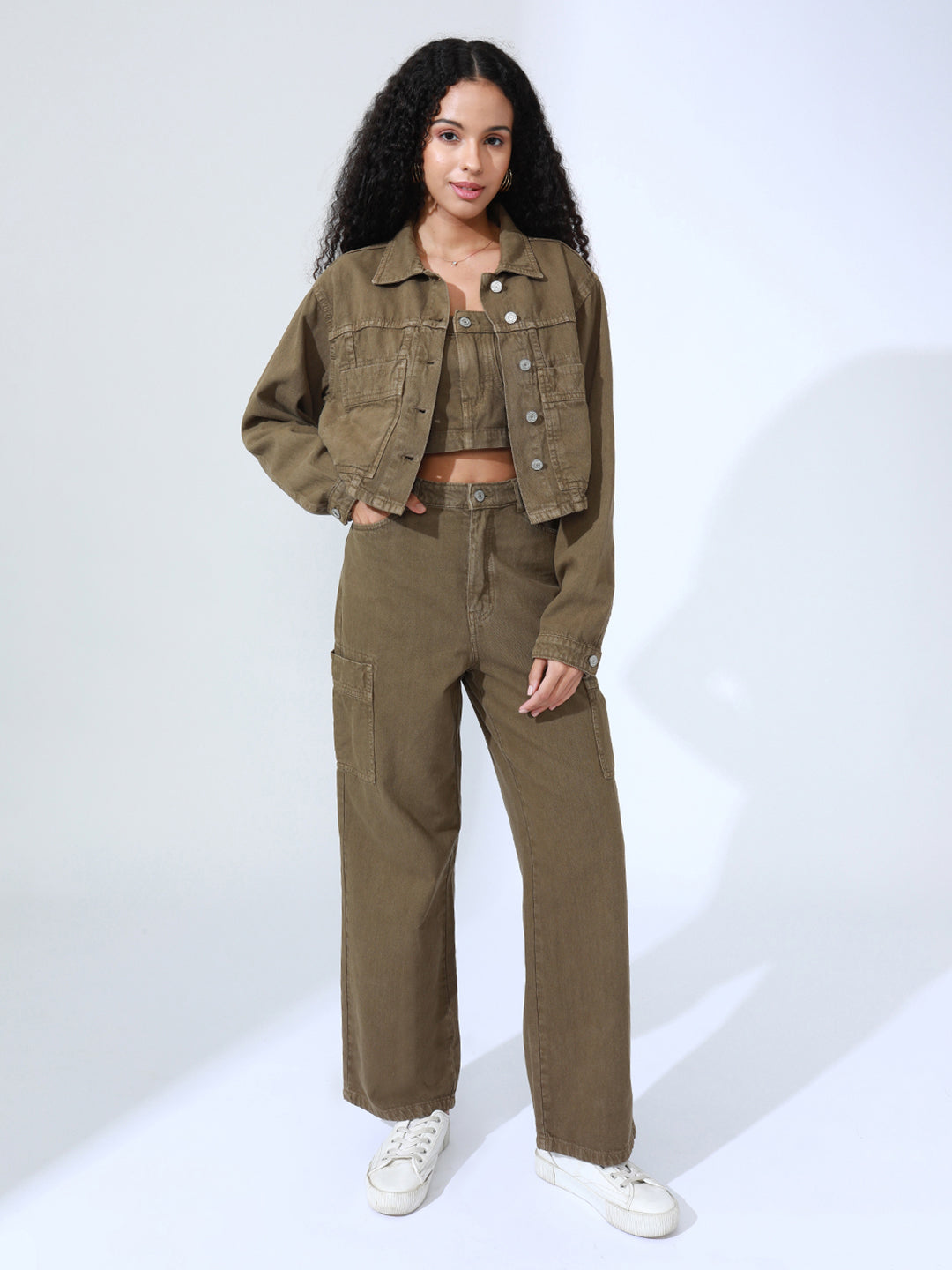 Women's Khaki Denim Bustier Top and Jeans with Jacket Co-Ord Set