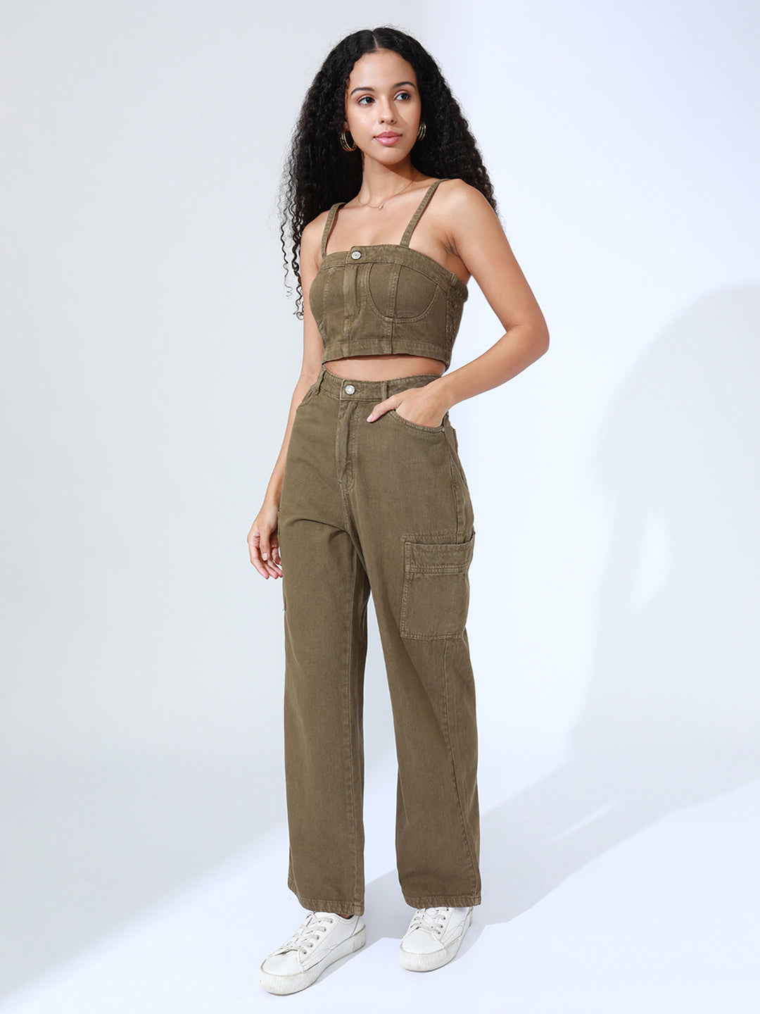 Women's Khaki Denim Bustier Top and Jeans with Jacket Co-Ord Set