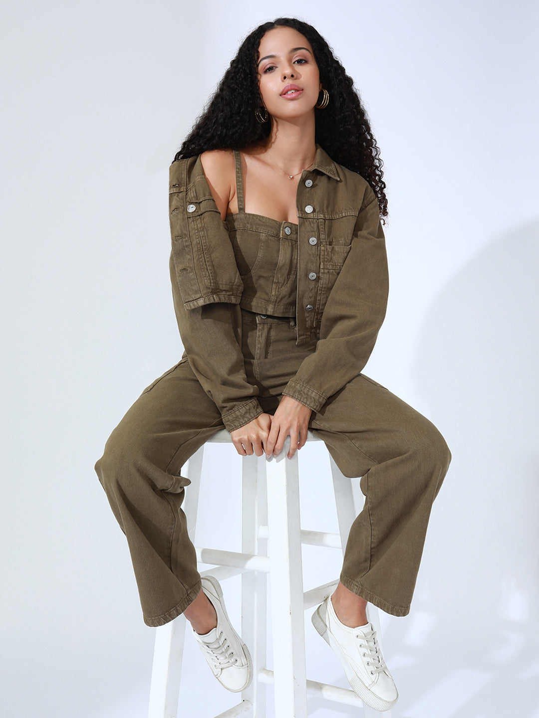 Women's Khaki Denim Bustier Top and Jeans with Jacket Co-Ord Set