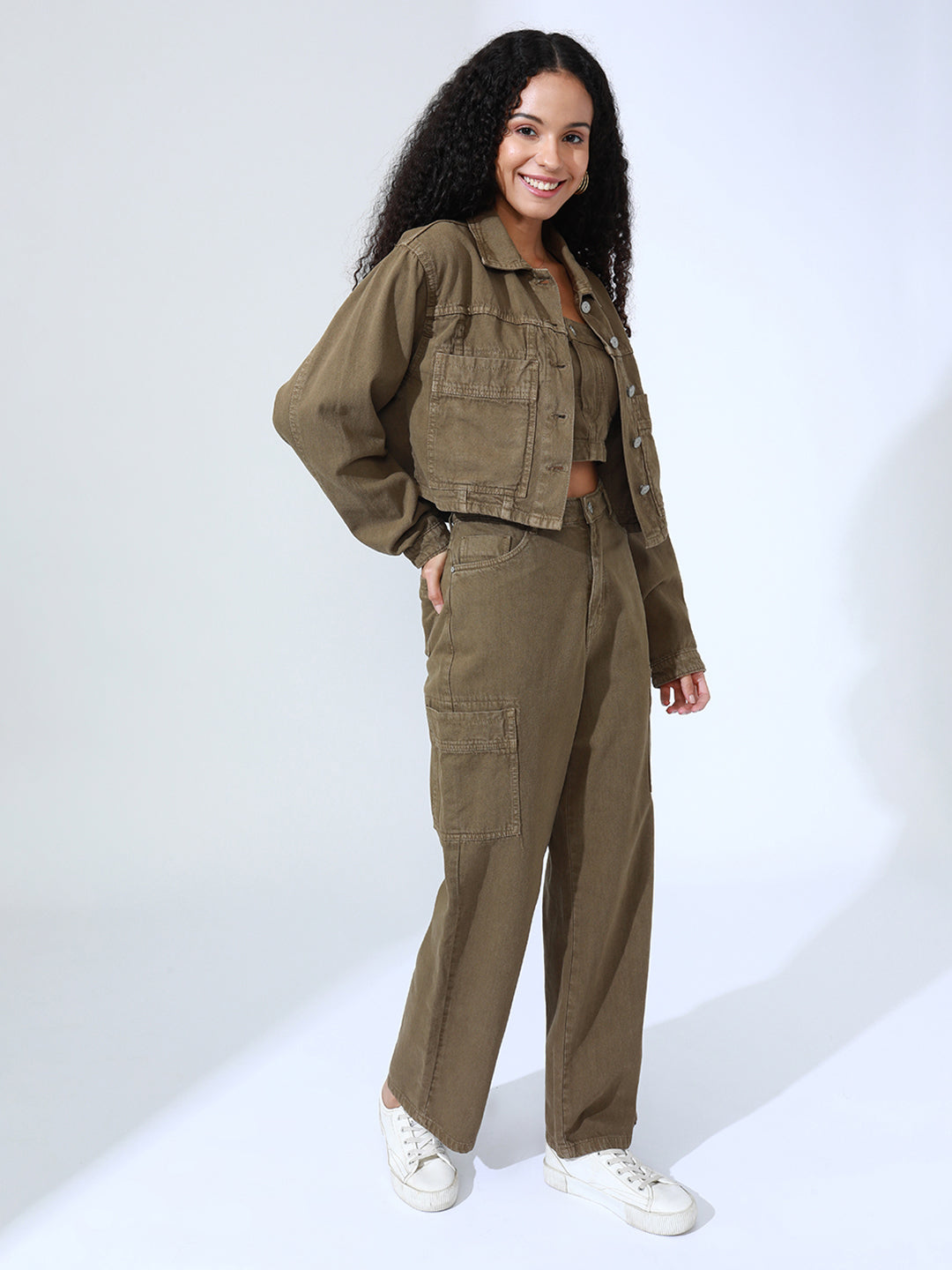 Women's Khaki Denim Bustier Top and Jeans with Jacket Co-Ord Set