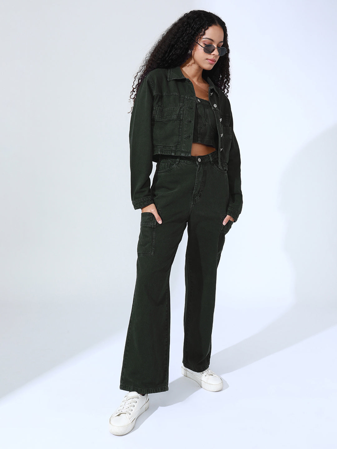 Women's Olive Denim Bustier Top and Jeans with Jacket Co-Ord Set