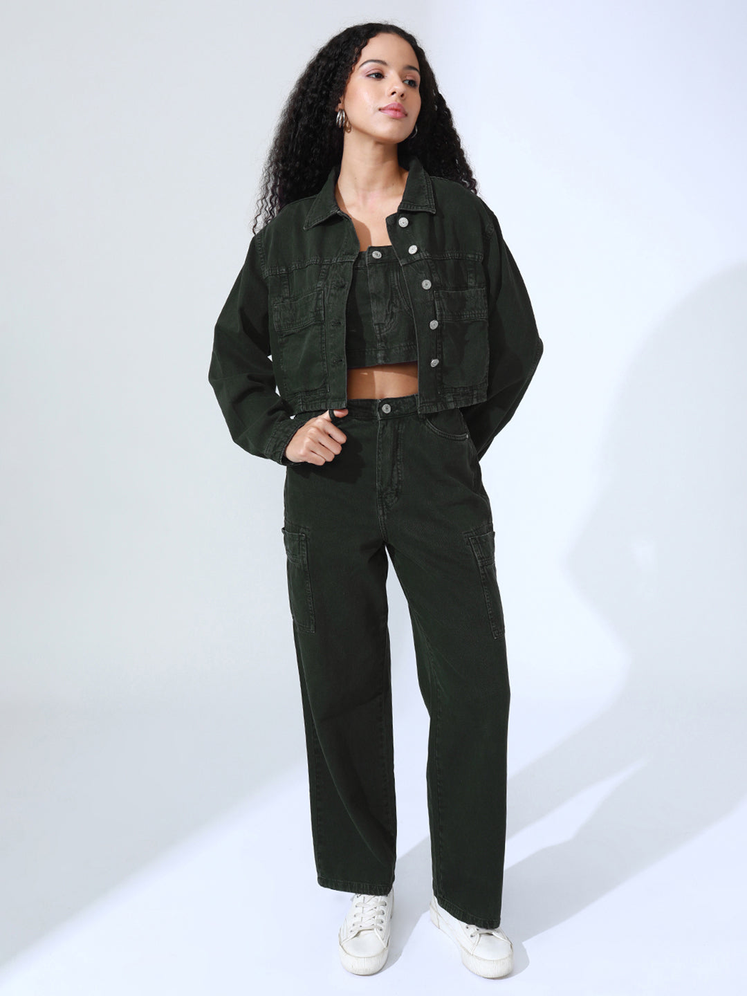 Women's Olive Denim Bustier Top and Jeans with Jacket Co-Ord Set