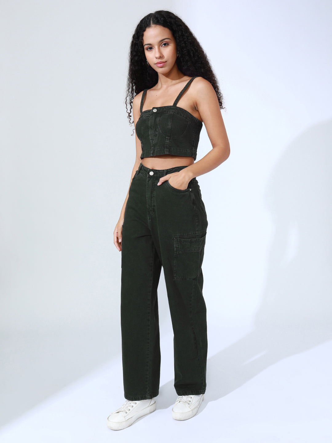 Women's Olive Denim Bustier Top and Jeans with Jacket Co-Ord Set