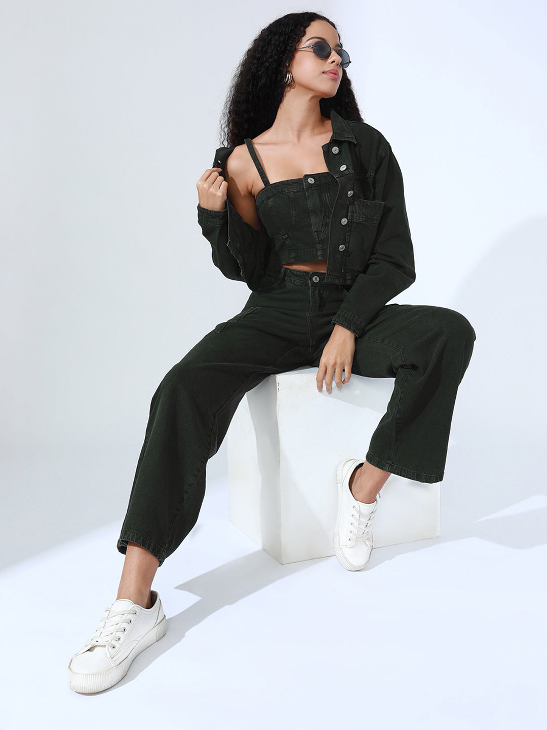 Women's Olive Denim Bustier Top and Jeans with Jacket Co-Ord Set