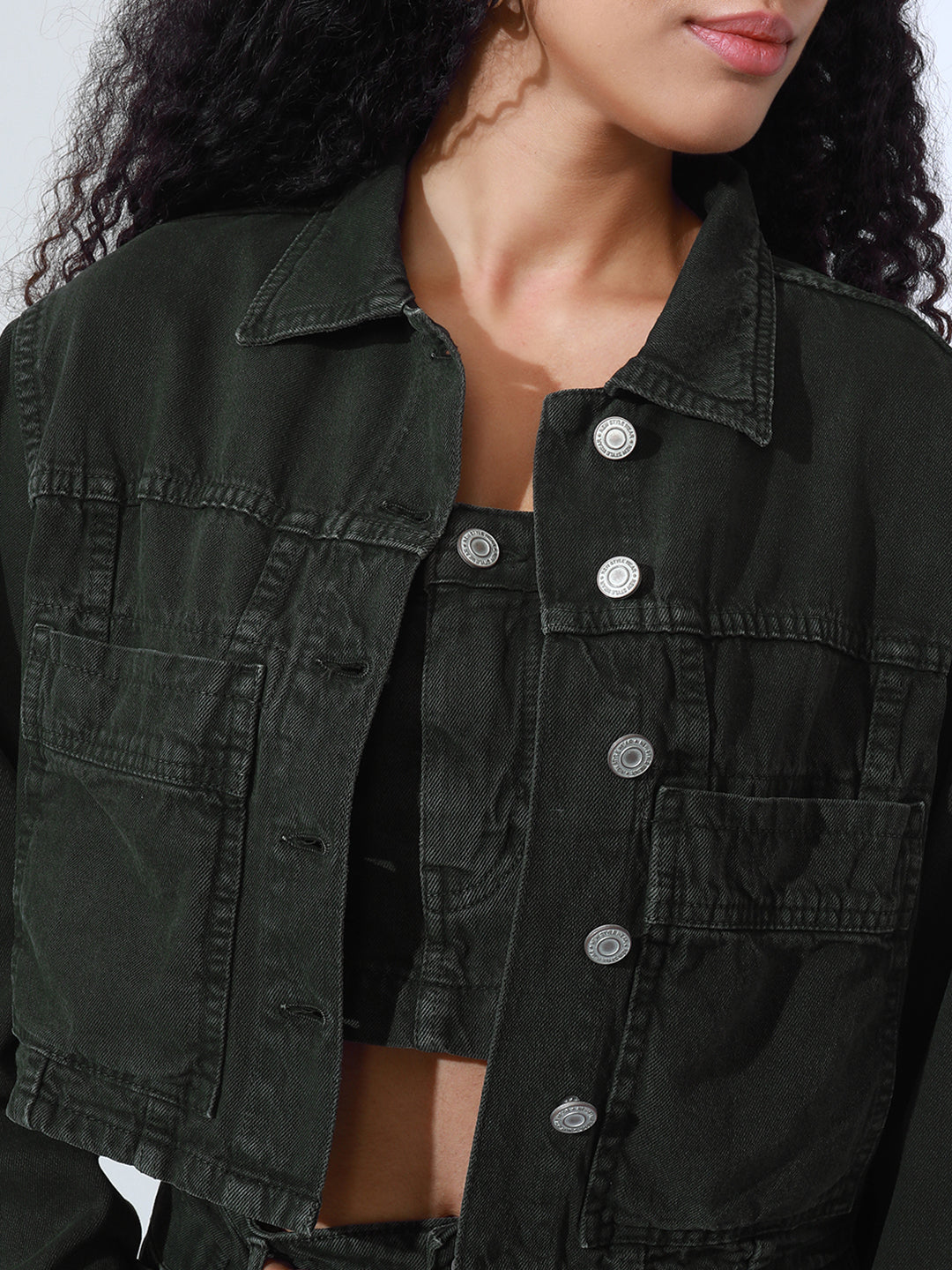 Women's Olive Denim Bustier Top and Jeans with Jacket Co-Ord Set