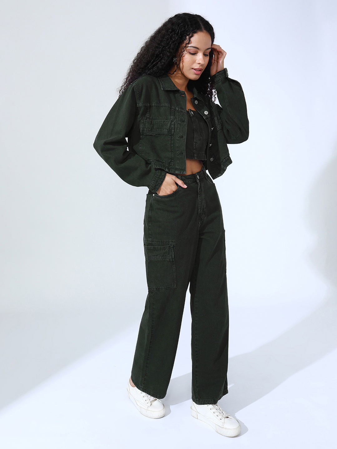 Women's Olive Denim Bustier Top and Jeans with Jacket Co-Ord Set