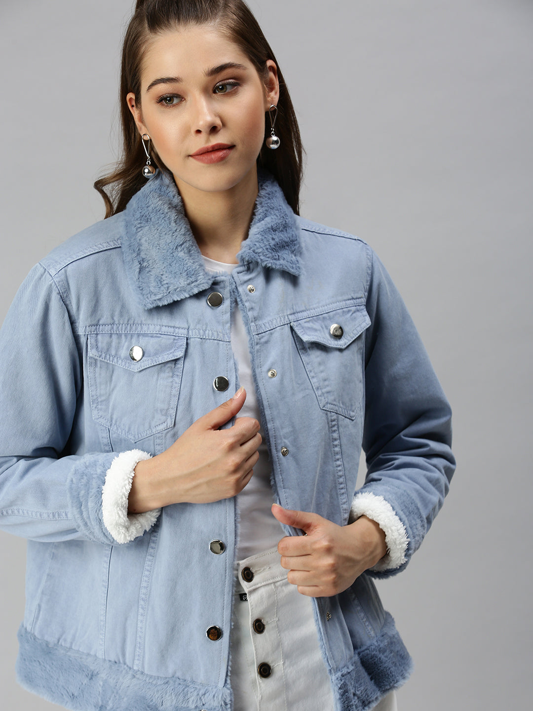 Women's Mock Collar Solid Blue Denim Jacket