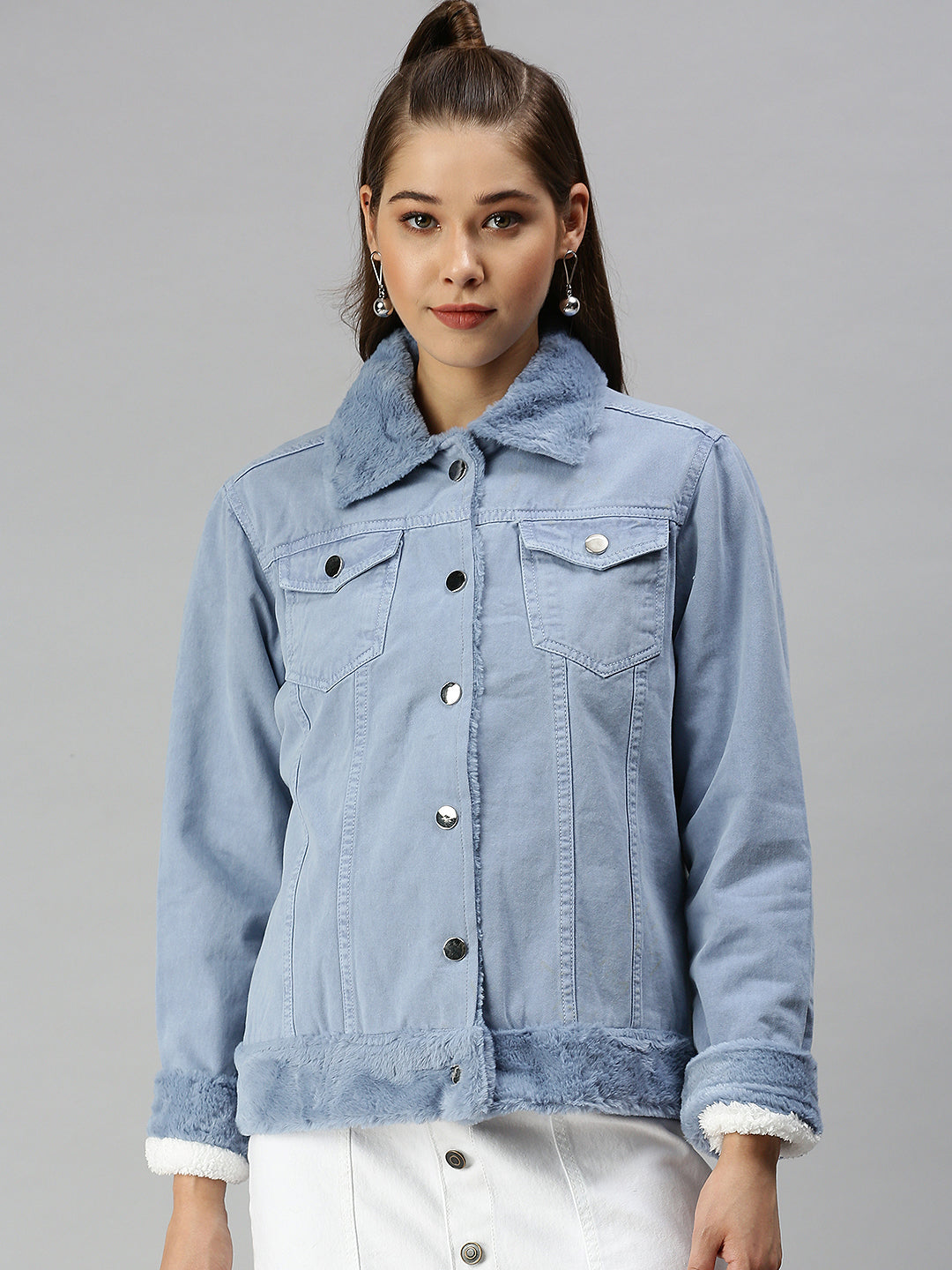 Women's Mock Collar Solid Blue Denim Jacket