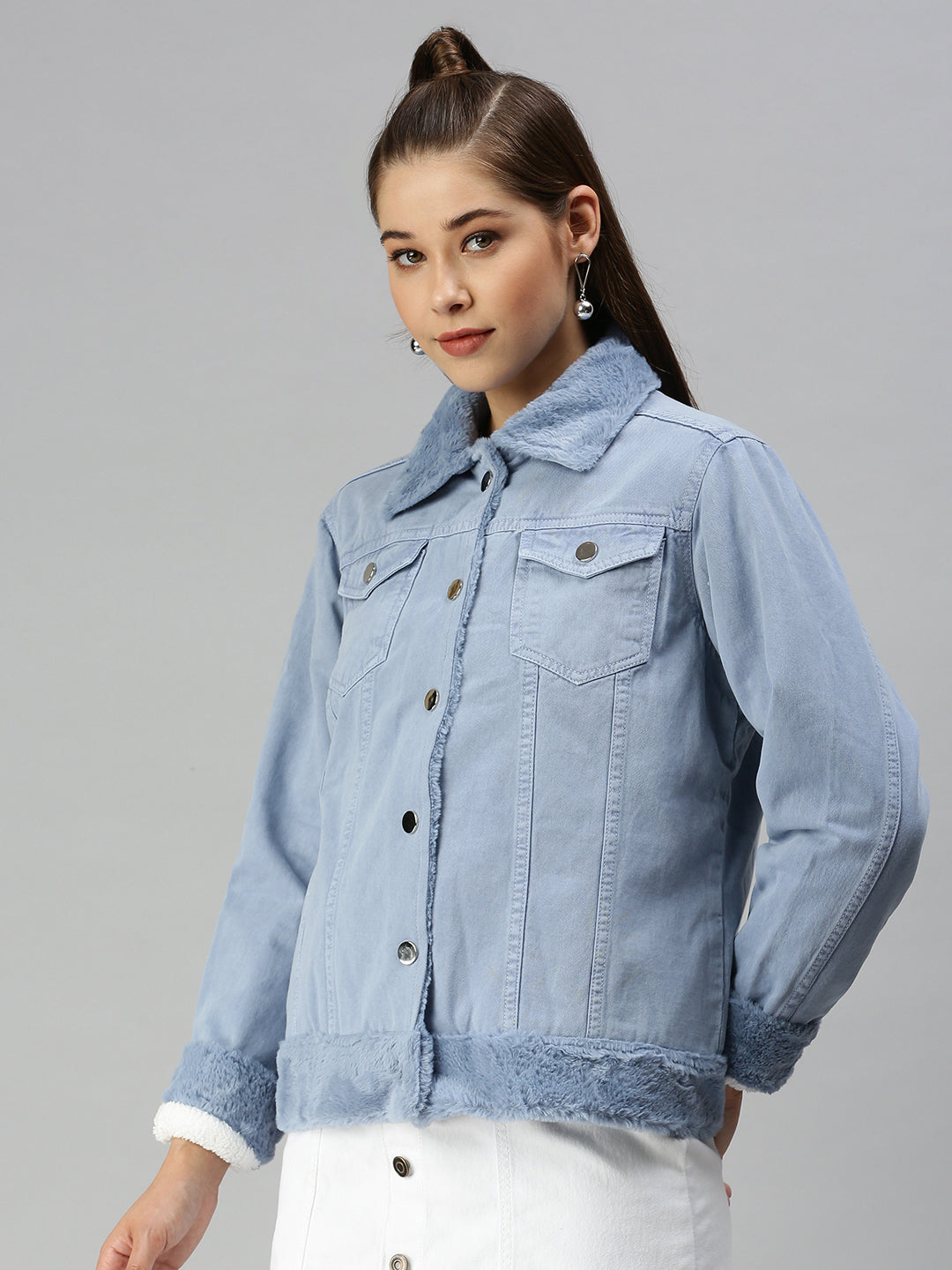 Women's Mock Collar Solid Blue Denim Jacket