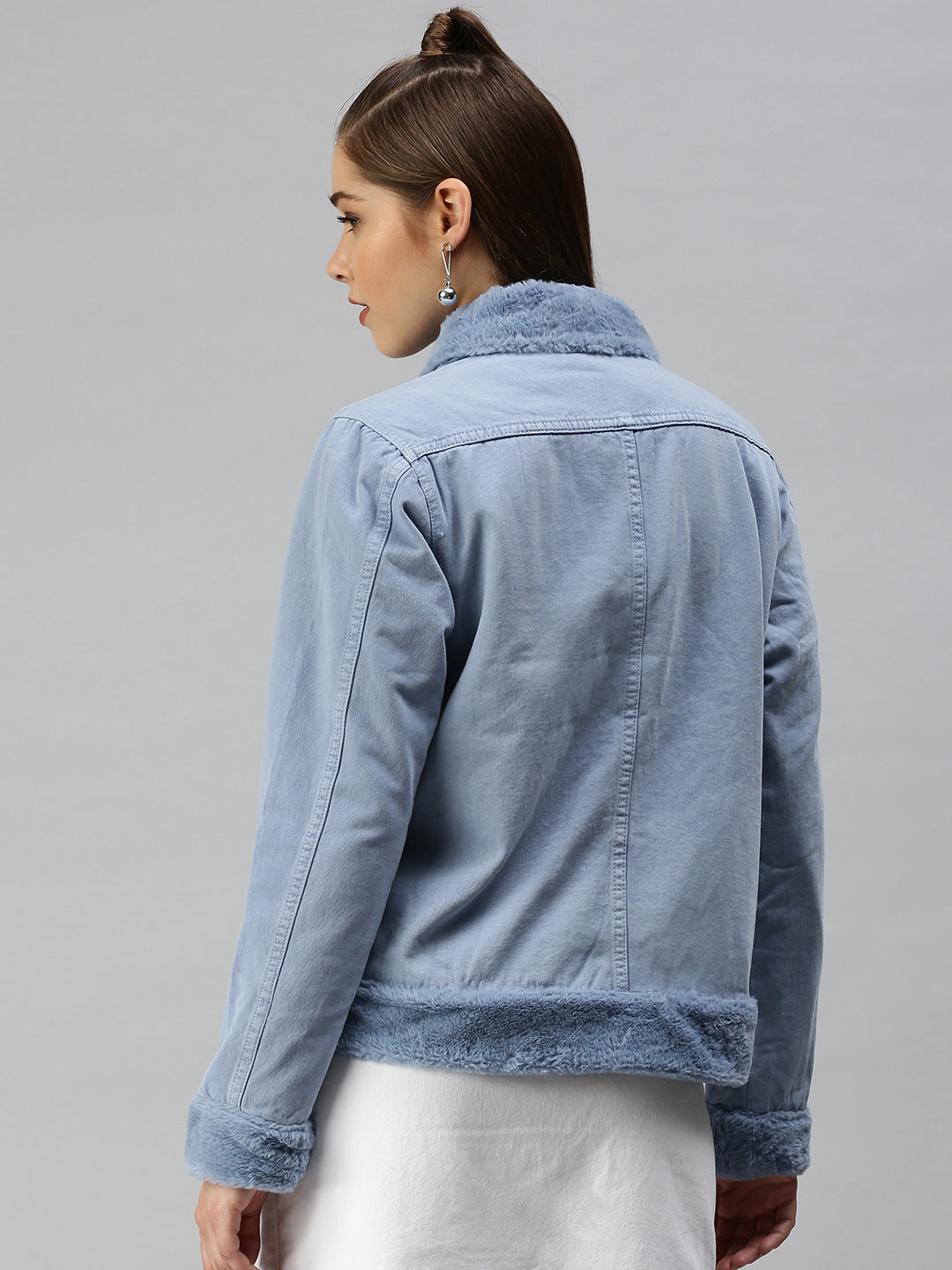 Women's Mock Collar Solid Blue Denim Jacket