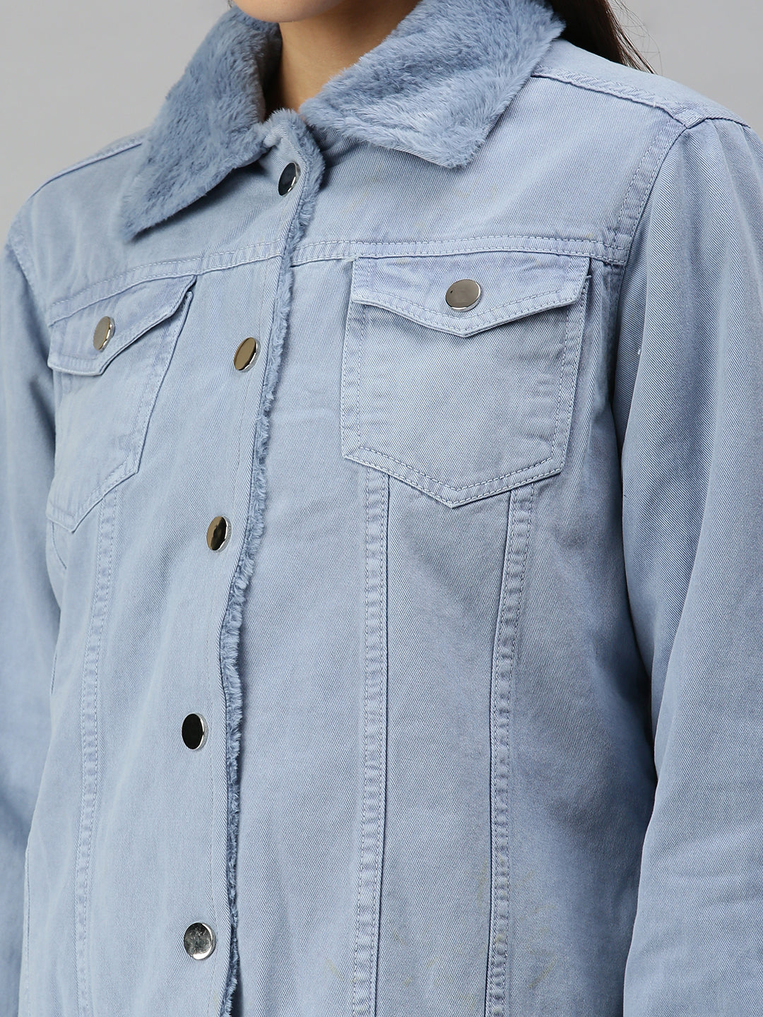 Women's Mock Collar Solid Blue Denim Jacket