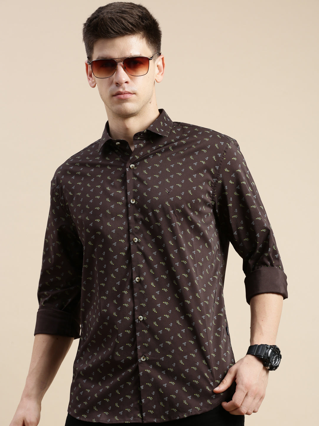 Men Spread Collar Printed Coffee Brown Shirt