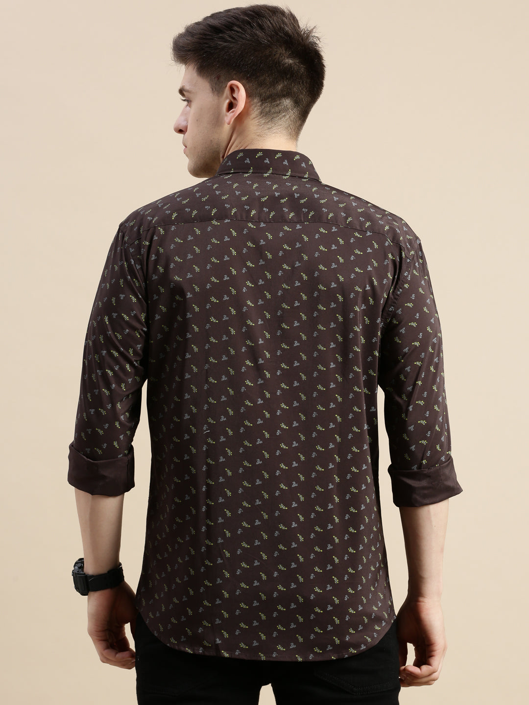 Men Spread Collar Printed Coffee Brown Shirt