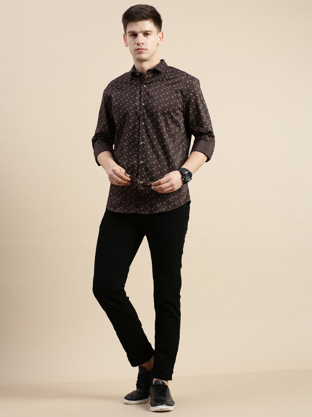 Men Spread Collar Printed Coffee Brown Shirt