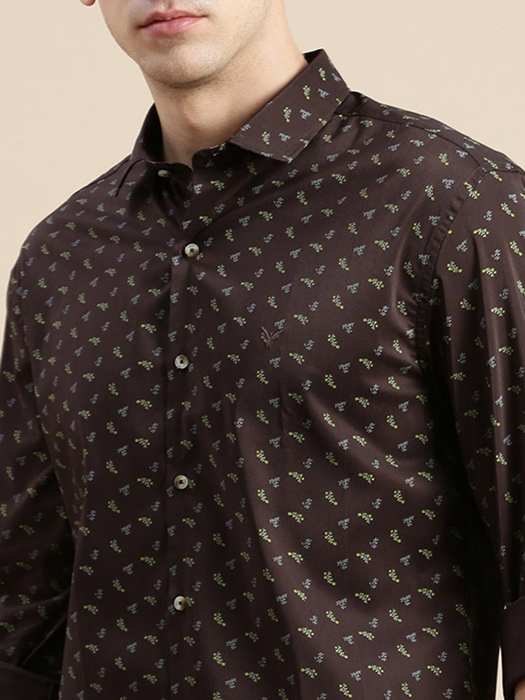 Men Spread Collar Printed Coffee Brown Shirt