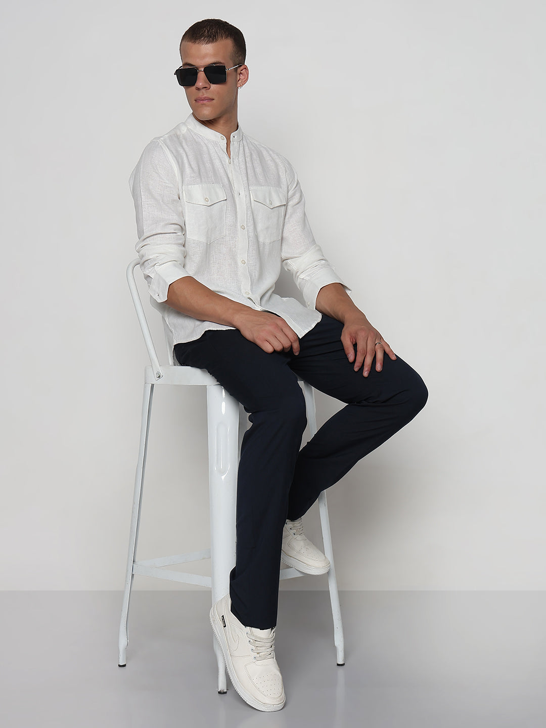 Men's White Mandarin Collar Slim Fit Shirt with Pockets