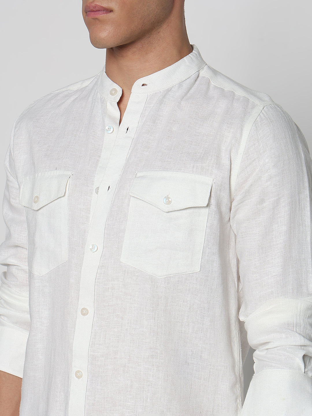 Men's White Mandarin Collar Slim Fit Shirt with Pockets