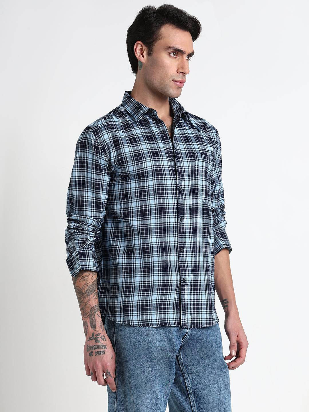 Men's Blue Checked Slim Fit Casual Shirt with Chest Pocket